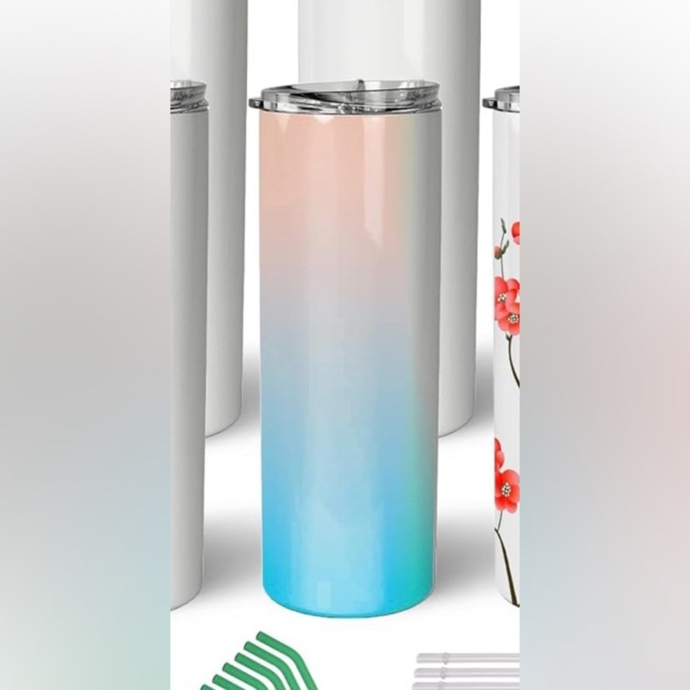 20 oz Stainless Steel Skinny Tumbler Sublimation Straight Cup Pink Blue Ombre‎